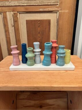 Pastel Multi-Color Ceramic Bud Vase Set on White Tray